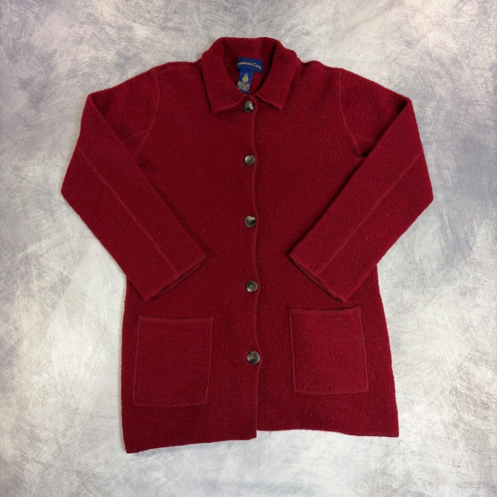 Vintage Charter Club Cardigan Sweater Womens S Red Boiled Wool Button Up Pocket